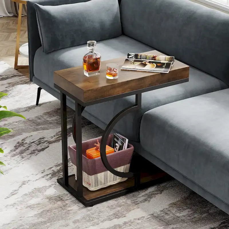 2 Tiers C Shaped Narrow End Chairside Table for Living Room
