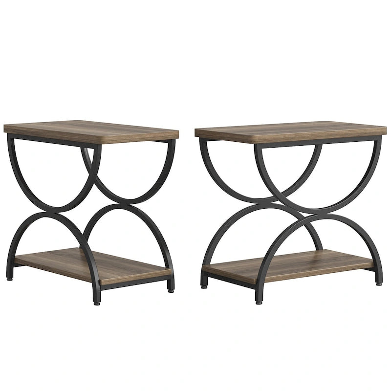 2-Tier Rectangular Wood Metal End Side Chairside Table