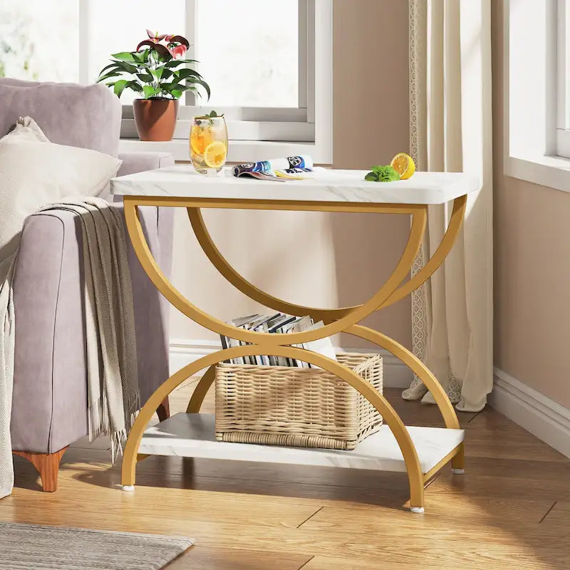 2-Tier Rectangular Wood Metal End Side Chairside Table