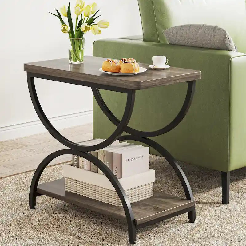2-Tier Rectangular Wood Metal End Side Chairside Table