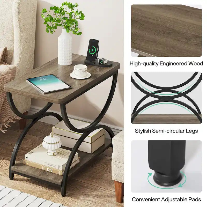 2-Tier Rectangular Wood Metal End Side Chairside Table