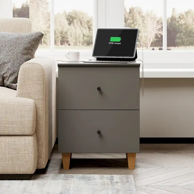 WAMPAT End Table with Charging Station and 2 Drawer for Living Room