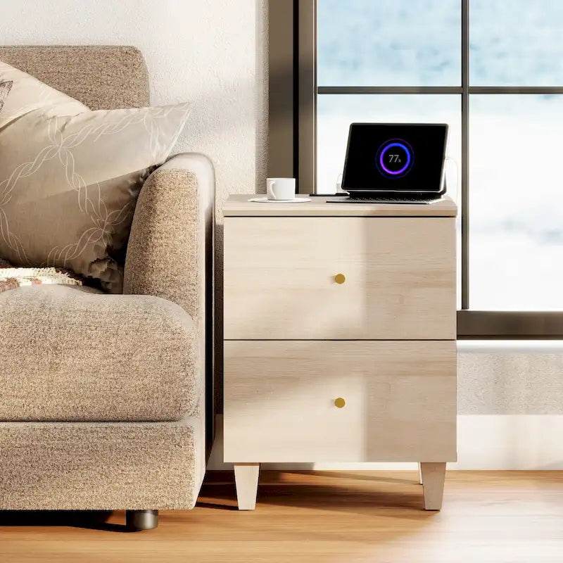 WAMPAT End Table with Charging Station and 2 Drawer for Living Room