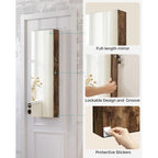 White Wooden Lockable Jewelry Cabinet Armoire with Mirror - 14.8L x 3.8W x 42.5H