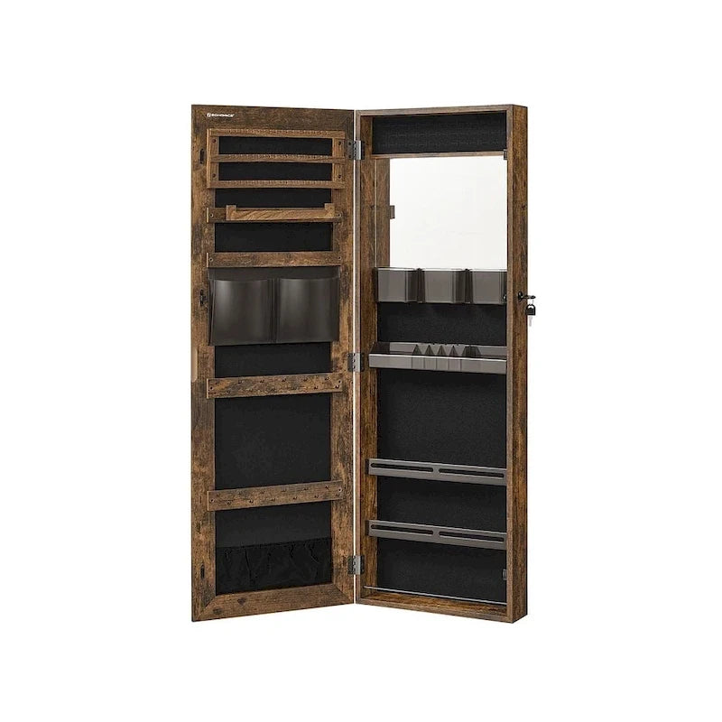 White Wooden Lockable Jewelry Cabinet Armoire with Mirror - 14.8L x 3.8W x 42.5H