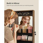 White Wooden Lockable Jewelry Cabinet Armoire with Mirror - 14.8L x 3.8W x 42.5H