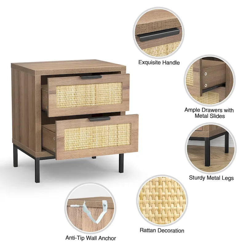 Anmytek Farmhouse 2-Drawer Nightstand Wood Rattan Bedside Table for Bedroom