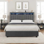 Queen Size Gas Lift Storage Bed with RF LED Lights, Storage Headboard, Queen Size Velvet