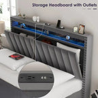 Queen Size Gas Lift Storage Bed with RF LED Lights, Storage Headboard, Queen Size Velvet