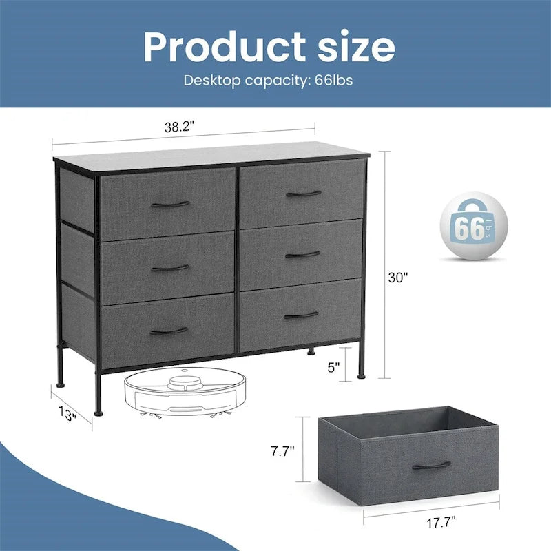 6 Drawers Dresser Chest with Metal Frame and Wooden Top