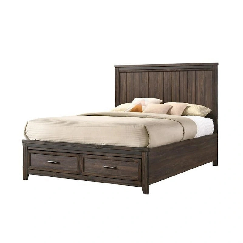 Sea Queen Size Bed, Rustic Modern Design, Panel Headboard, Brown Wood