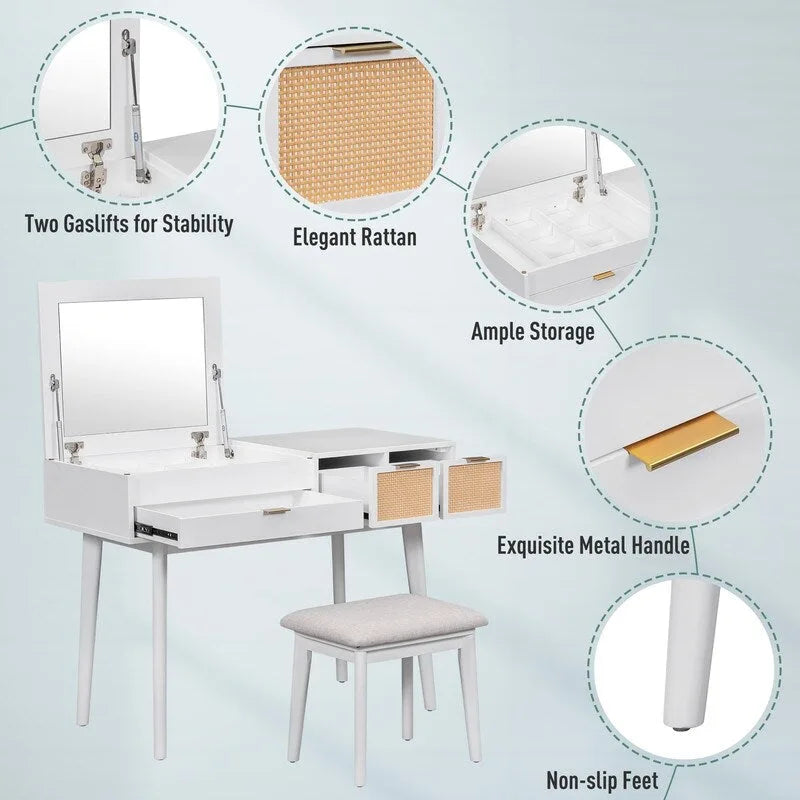 Grondin Modern Style Vanity Set with Flip Top Mirror, Cushioned Stool and Drawers, 2-in-1 Makeup table Set for Bedroom