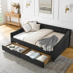 Full Size Daybed with Drawers Upholstered Tufted Sofa Bed, with Button on Back and Copper Nail on Waved Shape Arms