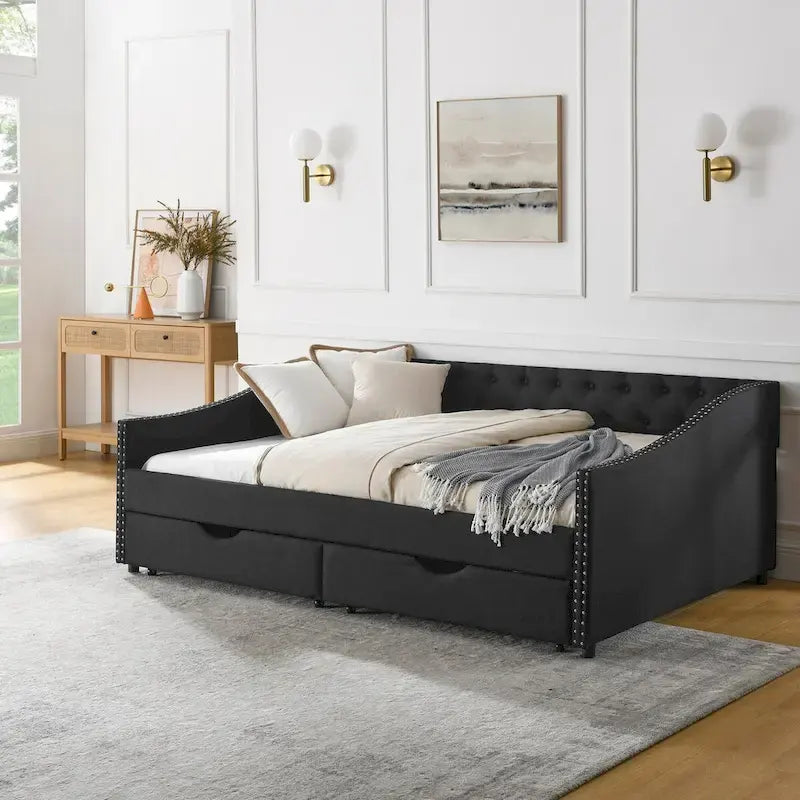 Full Size Daybed with Drawers Upholstered Tufted Sofa Bed, with Button on Back and Copper Nail on Waved Shape Arms