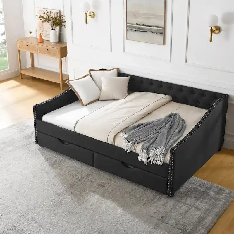 Full Size Daybed with Drawers Upholstered Tufted Sofa Bed, with Button on Back and Copper Nail on Waved Shape Arms