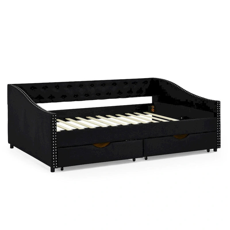 Full Size Daybed with Drawers Upholstered Tufted Sofa Bed, with Button on Back and Copper Nail on Waved Shape Arms