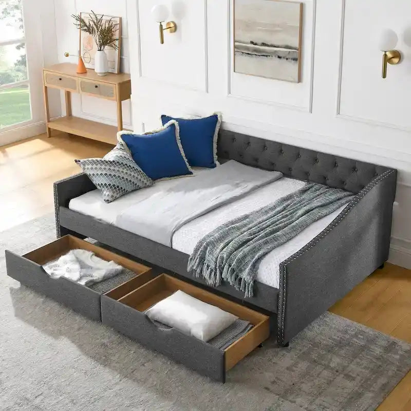 Full Size Daybed with Drawers Upholstered Tufted Sofa Bed, with Button on Back and Copper Nail on Waved Shape Arms