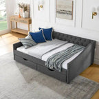 Full Size Daybed with Drawers Upholstered Tufted Sofa Bed, with Button on Back and Copper Nail on Waved Shape Arms