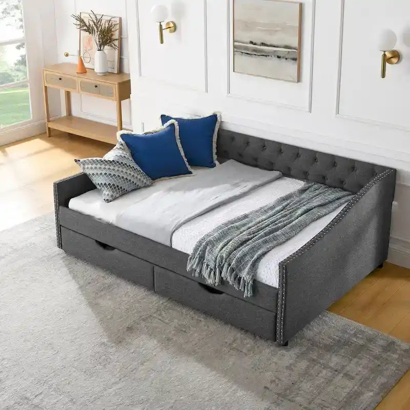 Full Size Daybed with Drawers Upholstered Tufted Sofa Bed, with Button on Back and Copper Nail on Waved Shape Arms