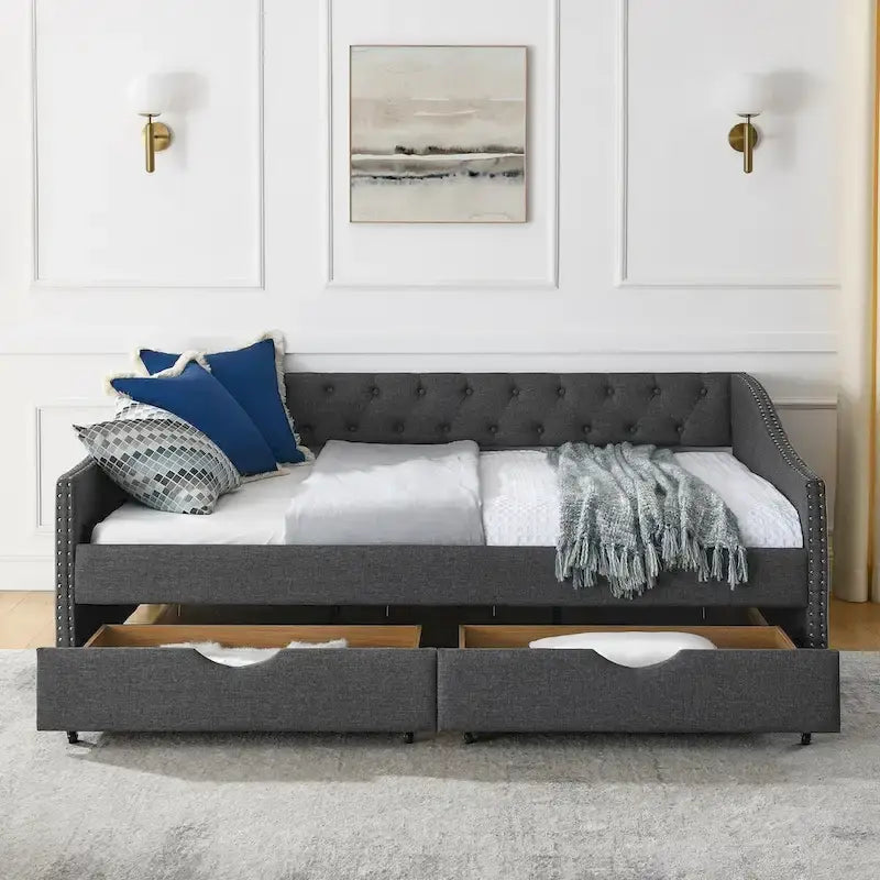 Full Size Daybed with Drawers Upholstered Tufted Sofa Bed, with Button on Back and Copper Nail on Waved Shape Arms