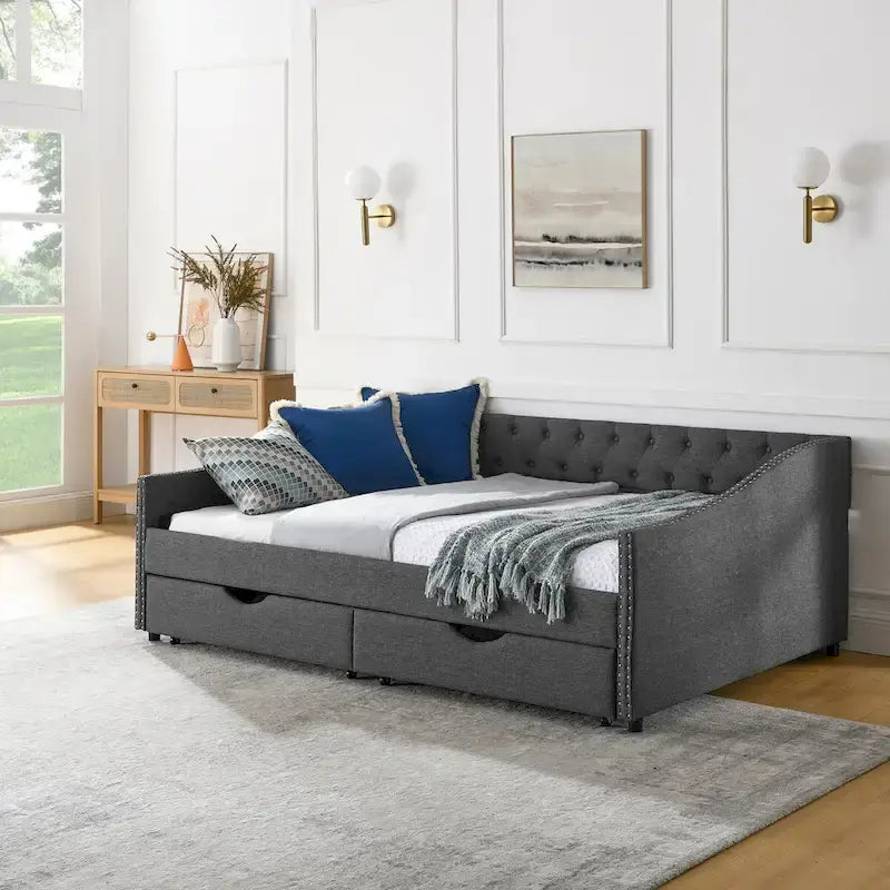 Full Size Daybed with Drawers Upholstered Tufted Sofa Bed, with Button on Back and Copper Nail on Waved Shape Arms