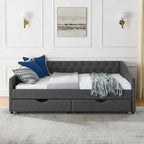 Full Size Daybed with Drawers Upholstered Tufted Sofa Bed, with Button on Back and Copper Nail on Waved Shape Arms