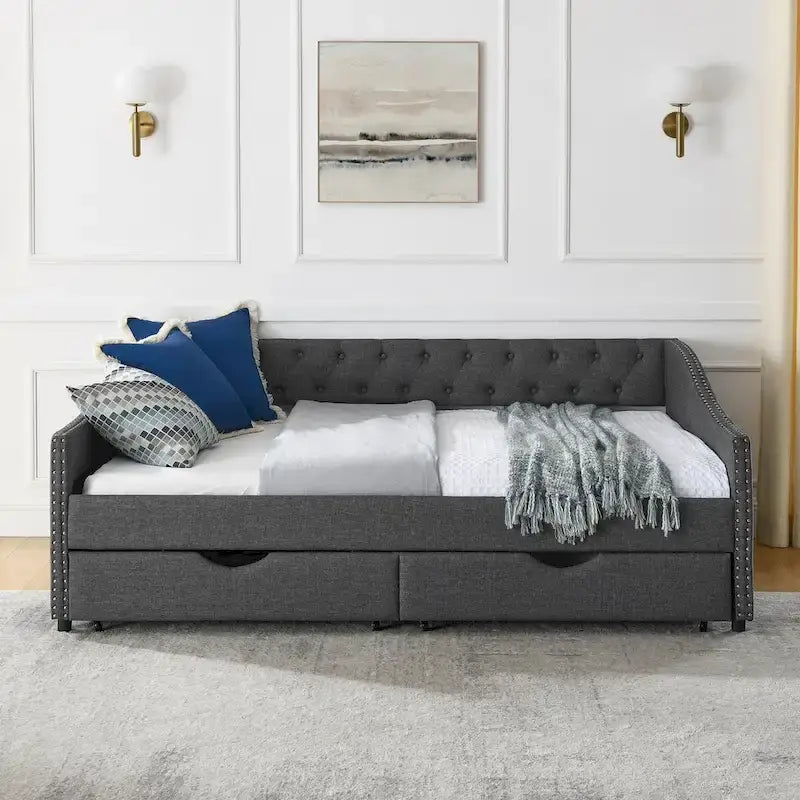 Full Size Daybed with Drawers Upholstered Tufted Sofa Bed, with Button on Back and Copper Nail on Waved Shape Arms
