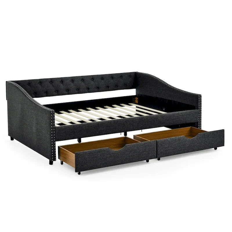Full Size Daybed with Drawers Upholstered Tufted Sofa Bed, with Button on Back and Copper Nail on Waved Shape Arms