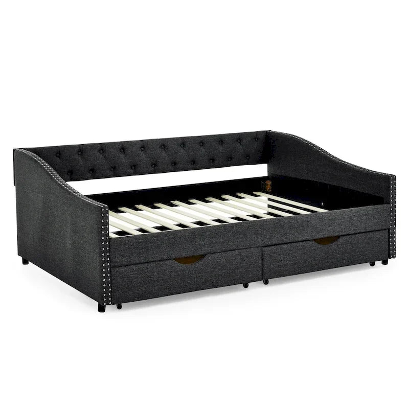 Full Size Daybed with Drawers Upholstered Tufted Sofa Bed, with Button on Back and Copper Nail on Waved Shape Arms