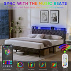 King Bed Frame with Storage Headboard, Charging Station and LED Lights, Upholstered Platform Bed