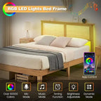 Modern Wooden Platform Bed Frame With Square Natural Rattan Headboard And LED Lights