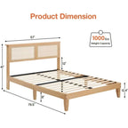 Modern Wooden Platform Bed Frame With Square Natural Rattan Headboard And LED Lights