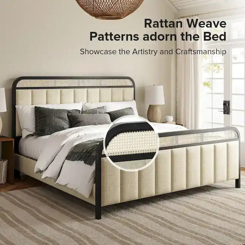 Alphons Modern Solid Wood Frame Ratten Bed with LED Headboard by HULALA HOME