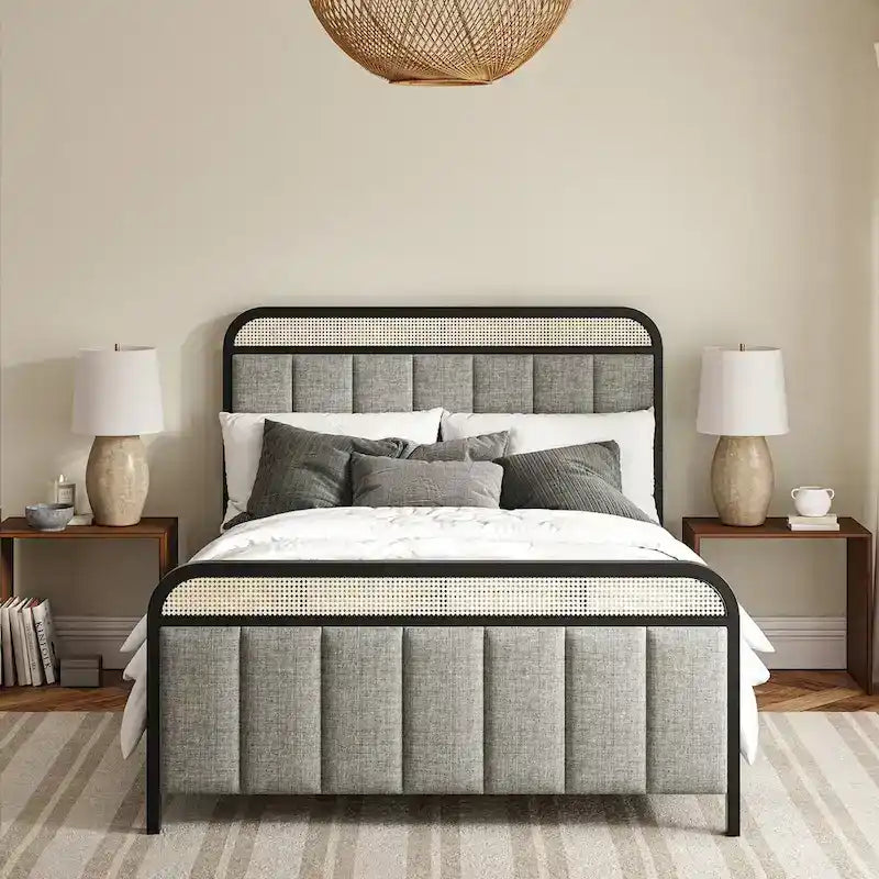 Alphons Modern Solid Wood Frame Ratten Bed with LED Headboard by HULALA HOME