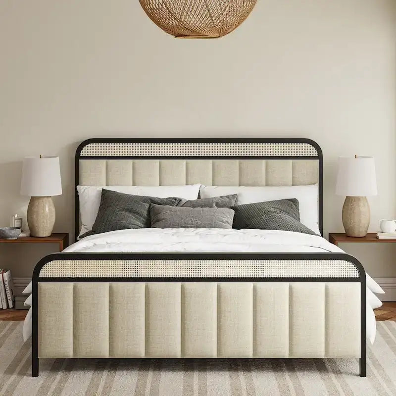 Alphons Modern Solid Wood Frame Ratten Bed with LED Headboard by HULALA HOME