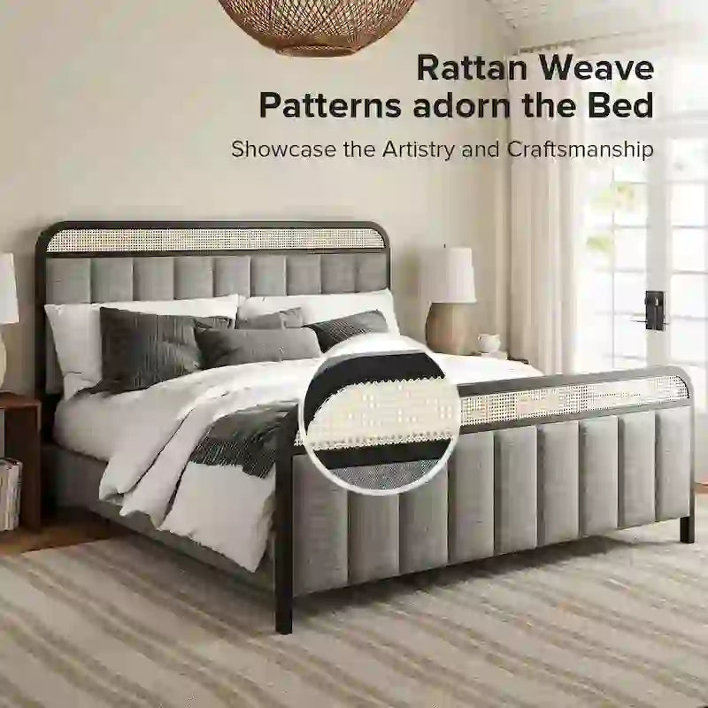 Alphons Modern Solid Wood Frame Ratten Bed with LED Headboard by HULALA HOME