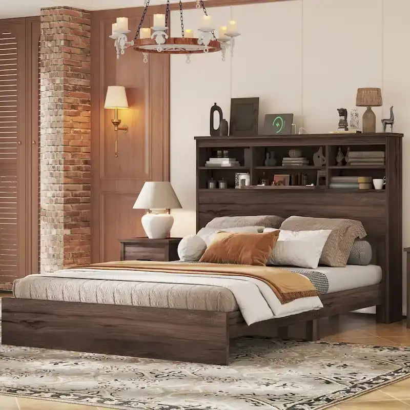 Vintage Platform Bed, with Storage Headboard and Charging Station