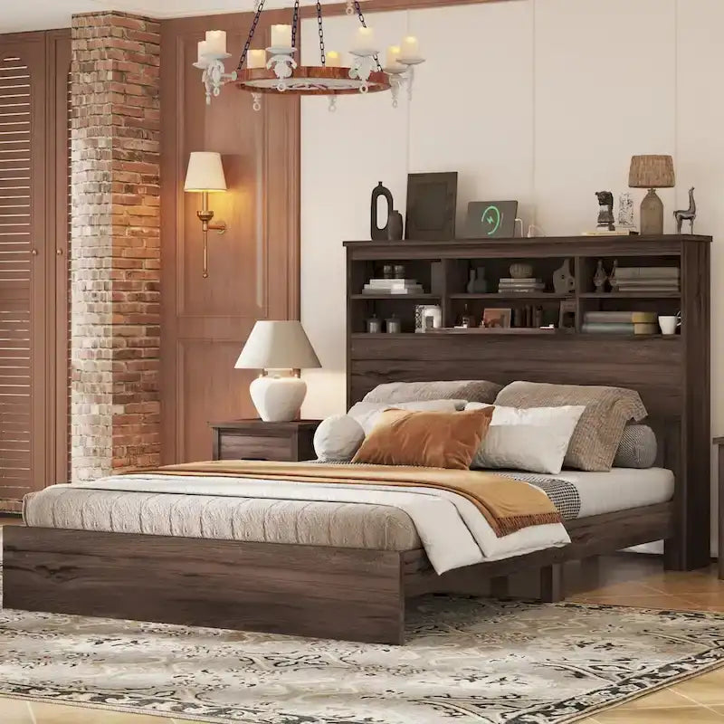 Vintage Platform Bed, with Storage Headboard and Charging Station