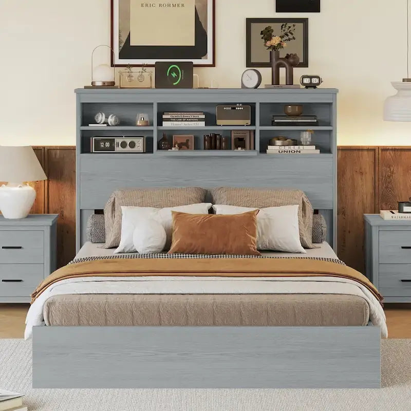 Vintage Platform Bed, with Storage Headboard and Charging Station