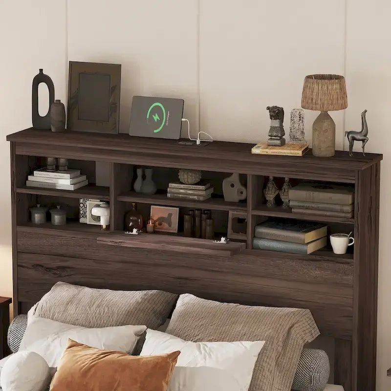 Vintage Platform Bed, with Storage Headboard and Charging Station