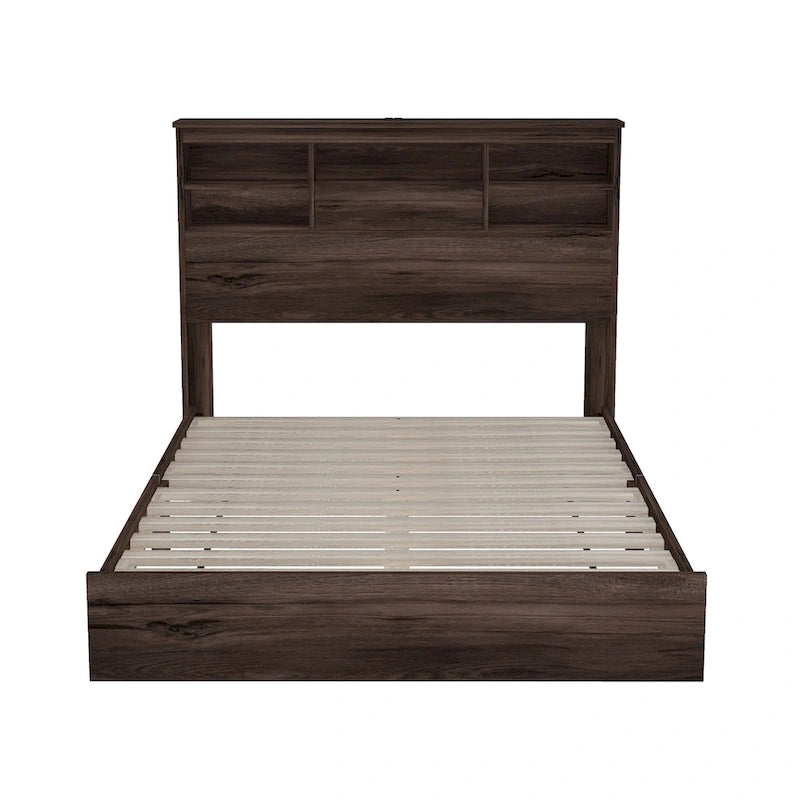 Vintage Platform Bed, with Storage Headboard and Charging Station