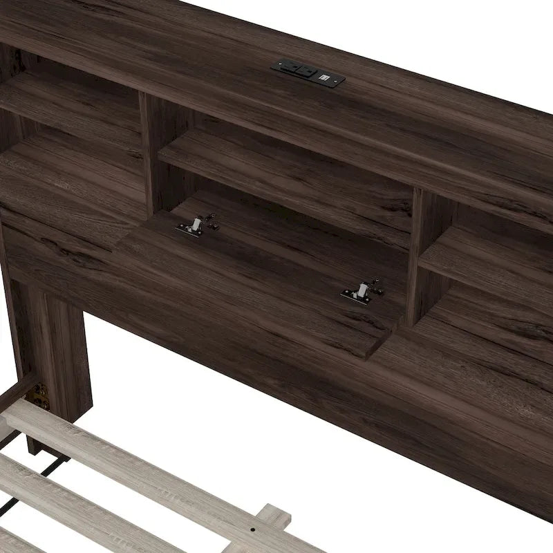 Vintage Platform Bed, with Storage Headboard and Charging Station