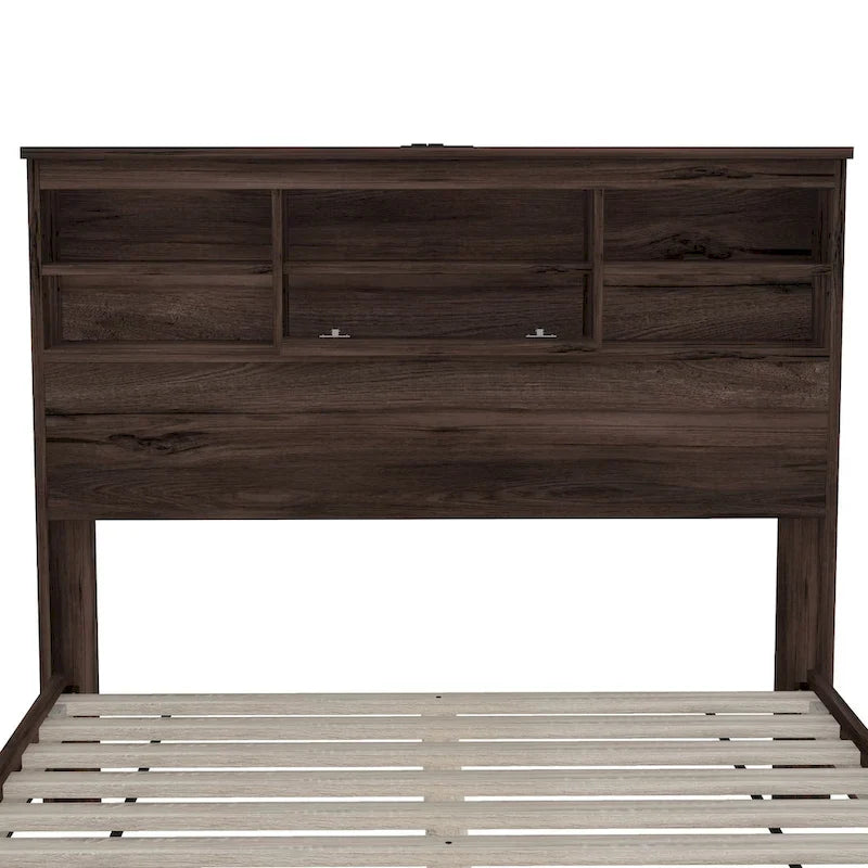 Vintage Platform Bed, with Storage Headboard and Charging Station