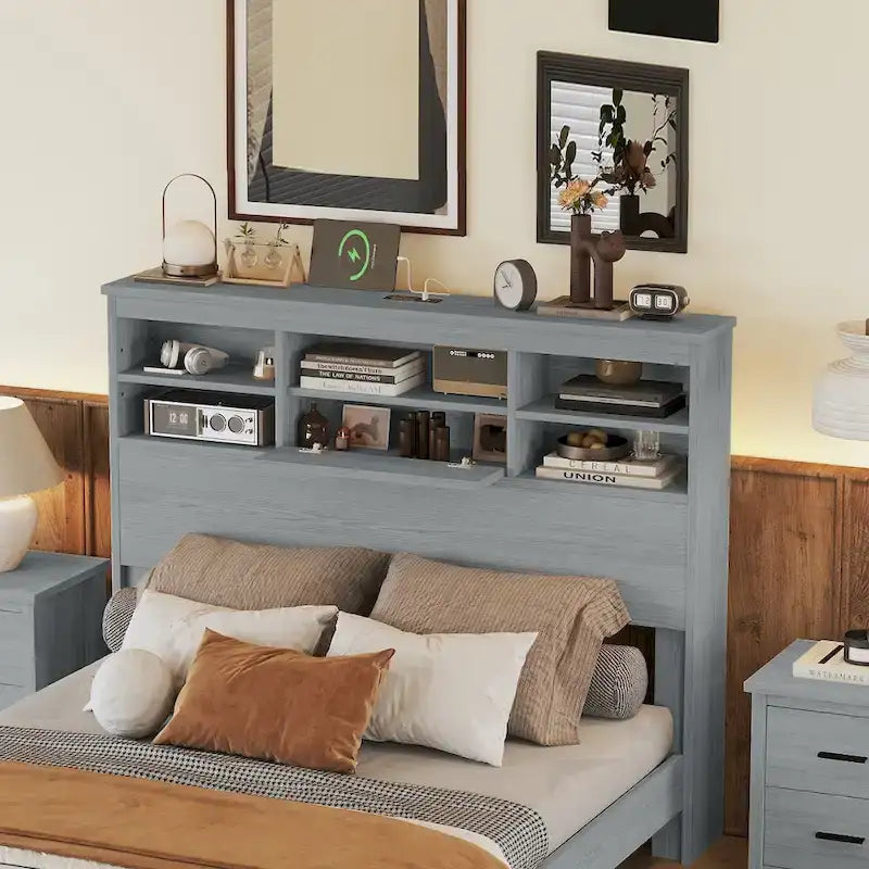 Vintage Platform Bed, with Storage Headboard and Charging Station