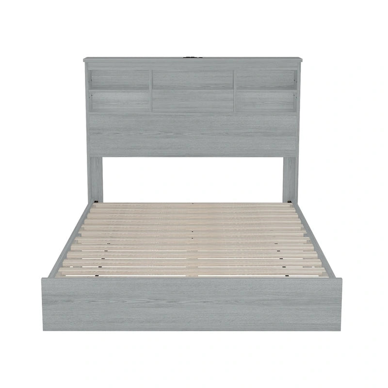 Vintage Platform Bed, with Storage Headboard and Charging Station