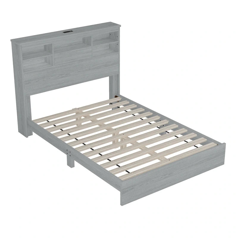 Vintage Platform Bed, with Storage Headboard and Charging Station