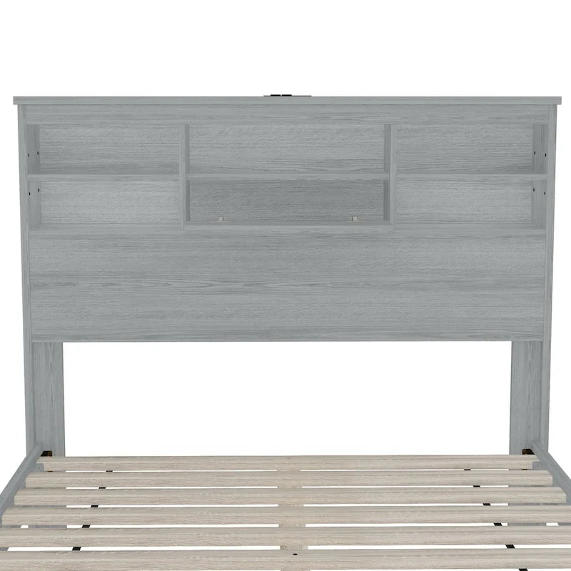 Vintage Platform Bed, with Storage Headboard and Charging Station