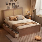 Queen Size Wood Storage Platform Bed with 4 Drawers, Rattan Headboard
