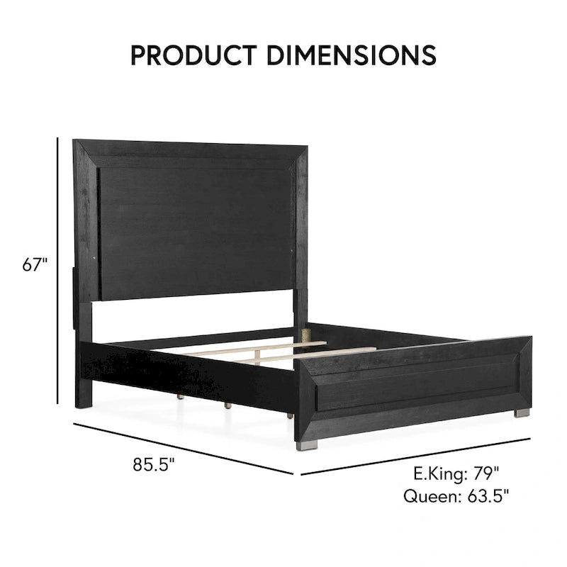 Alaric Modern Black Solid Wood Panel Bed with LED Light Headboard