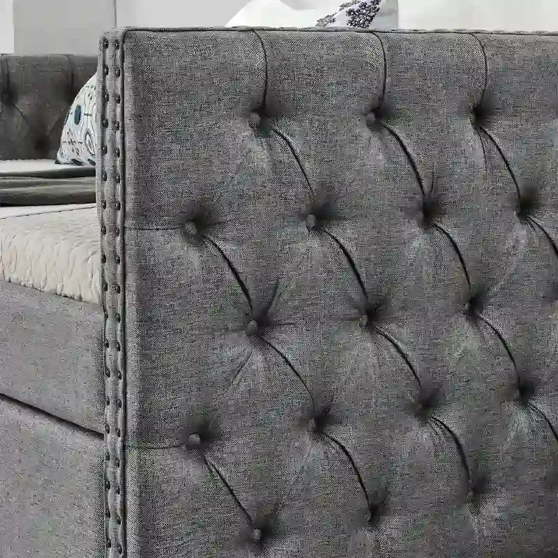 Upholstered Twin Size Daybed w/ 2 Drawers, Copper Nail on Square Arms